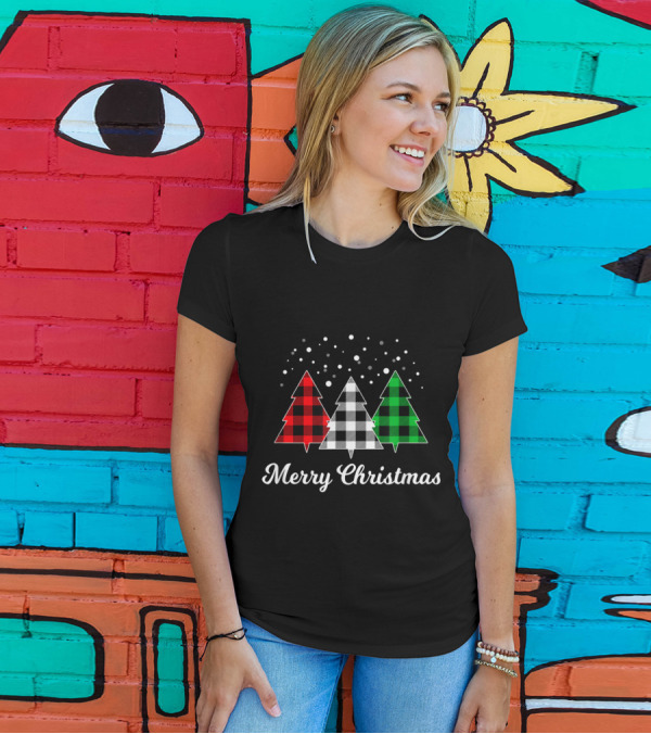 Merry Christmas Buffalo Plaid Trees With Falling Snowflakes T-Shirt