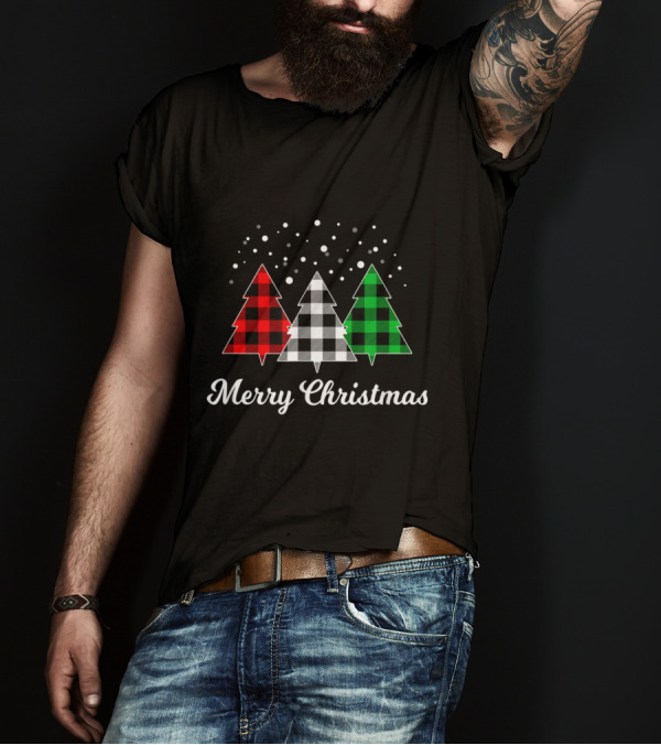 Merry Christmas Buffalo Plaid Trees With Falling Snowflakes T-Shirt
