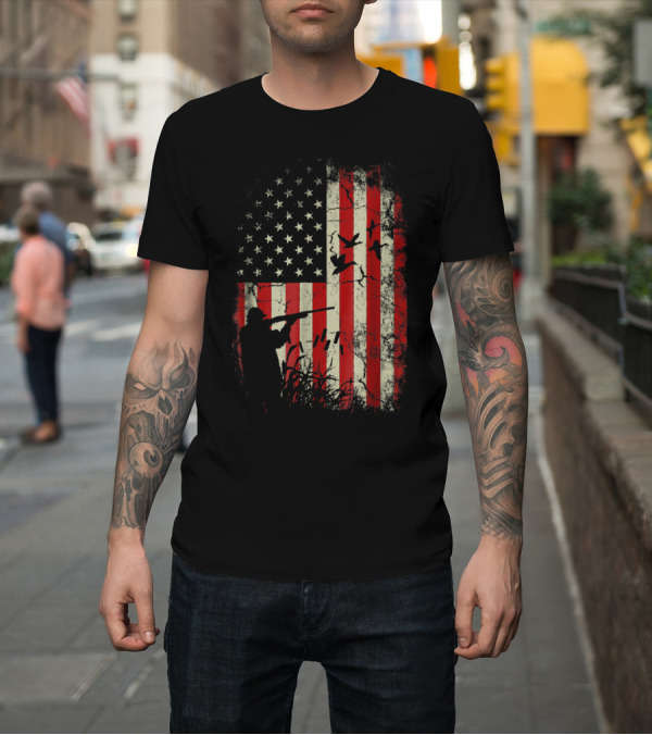 Shirt: USA Flag Duck Hunter Silhouette with Flying Ducks and Grassland in Grunge T-Shirt USA Flag Duck Hunter Silhouette with Flying Ducks and Grassland in Grunge T-Shirt