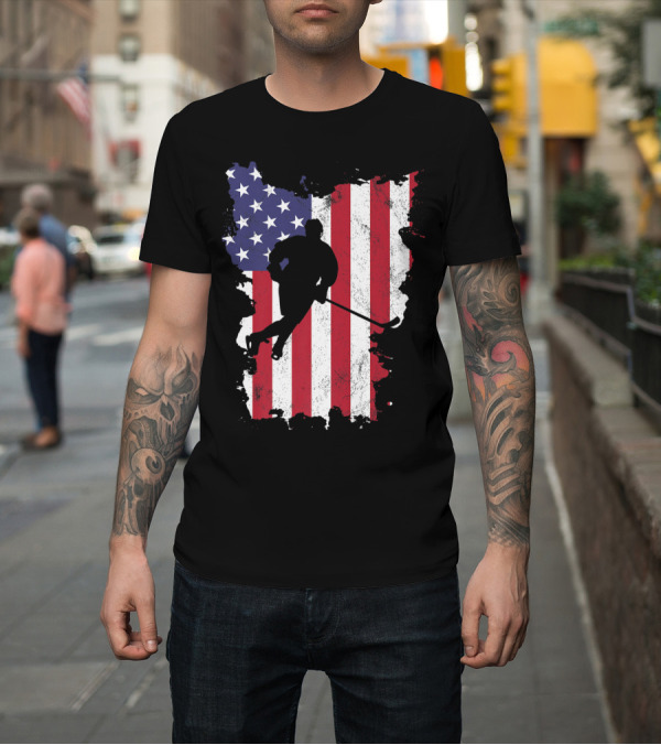 Shirt: Ice Hockey Player Silhouette on Distressed USA Flag for 4th of July T-Shirt Ice Hockey Player Silhouette on Distressed USA Flag for 4th of July T-Shirt
