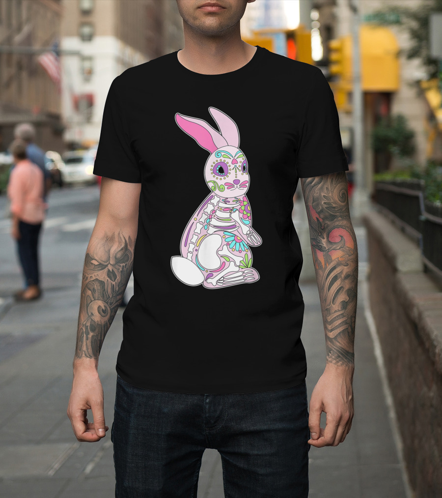 Easter Bunny Sugar Skull Dia De Los Muertos Colorful Skeleton T-Shirt