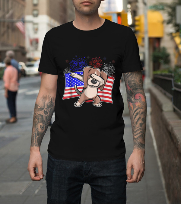 Shirt: Dabbing Beagle Celebrating Independence Day with American Flag and Colorful Fireworks T-Shirt Dabbing Beagle Celebrating Independence Day with American Flag and Colorful Fireworks T-Shirt