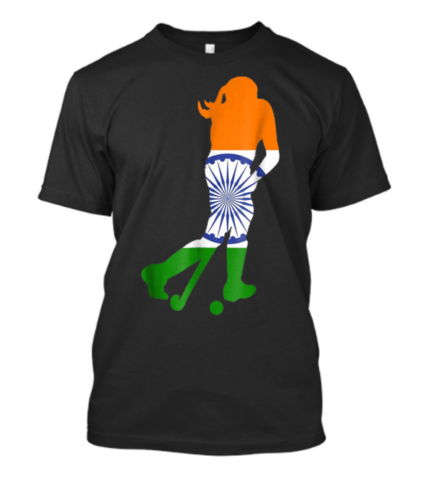 Indian Field Hockey Player Silhouette With Flag Colors And Ashoka Chakra T-Shirt