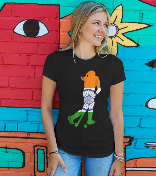 Indian Field Hockey Player Silhouette With Flag Colors And Ashoka Chakra T-Shirt