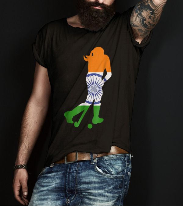 Indian Field Hockey Player Silhouette With Flag Colors And Ashoka Chakra T-Shirt
