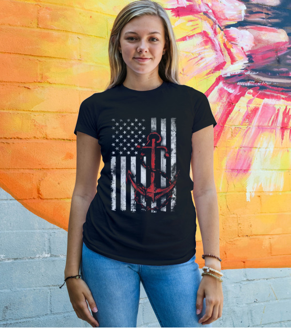 American Flag Red Anchor Patriotic Military T-Shirt