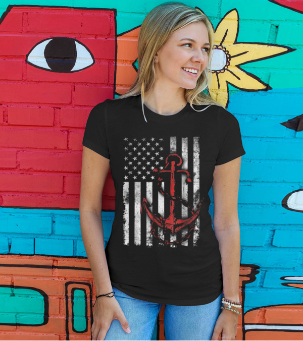 American Flag Red Anchor Patriotic Military T-Shirt