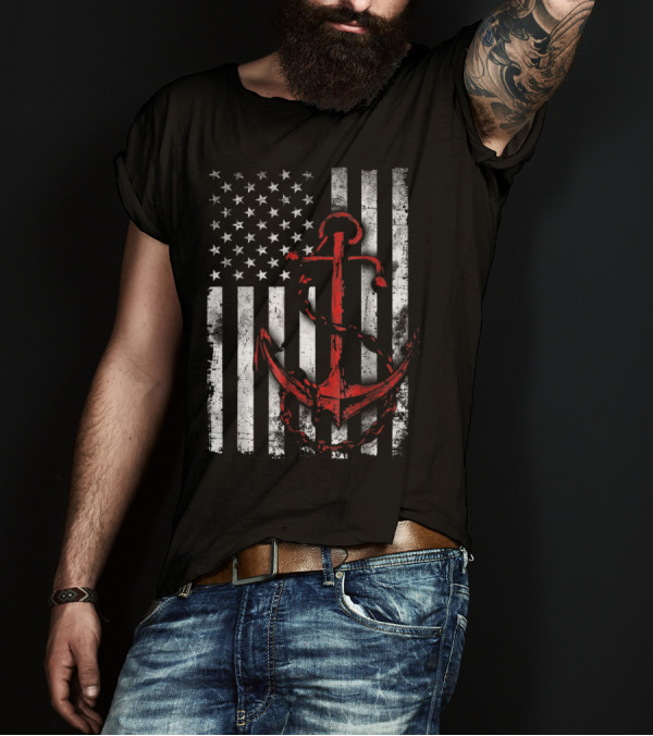 American Flag Red Anchor Patriotic Military T-Shirt