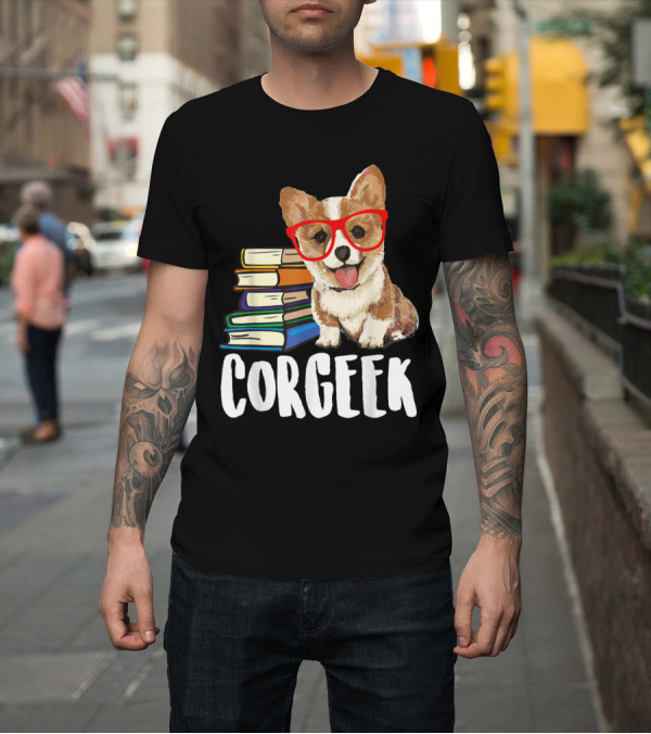 Shirt: Corgeek Corgi with Glasses and Books Reading T-Shirt Corgeek Corgi with Glasses and Books Reading T-Shirt