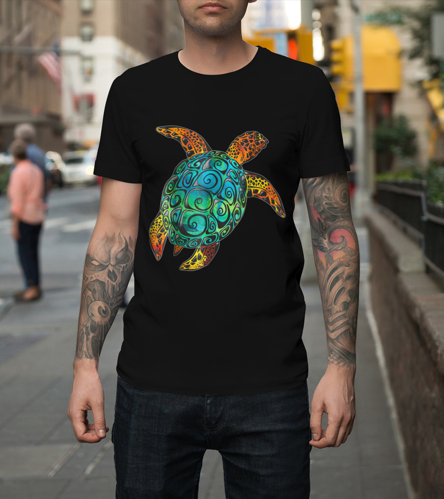 Cosmic Watercolor Sea Turtle Swirls and Patterns in Vibrant Blues and Greens T-Shirt
