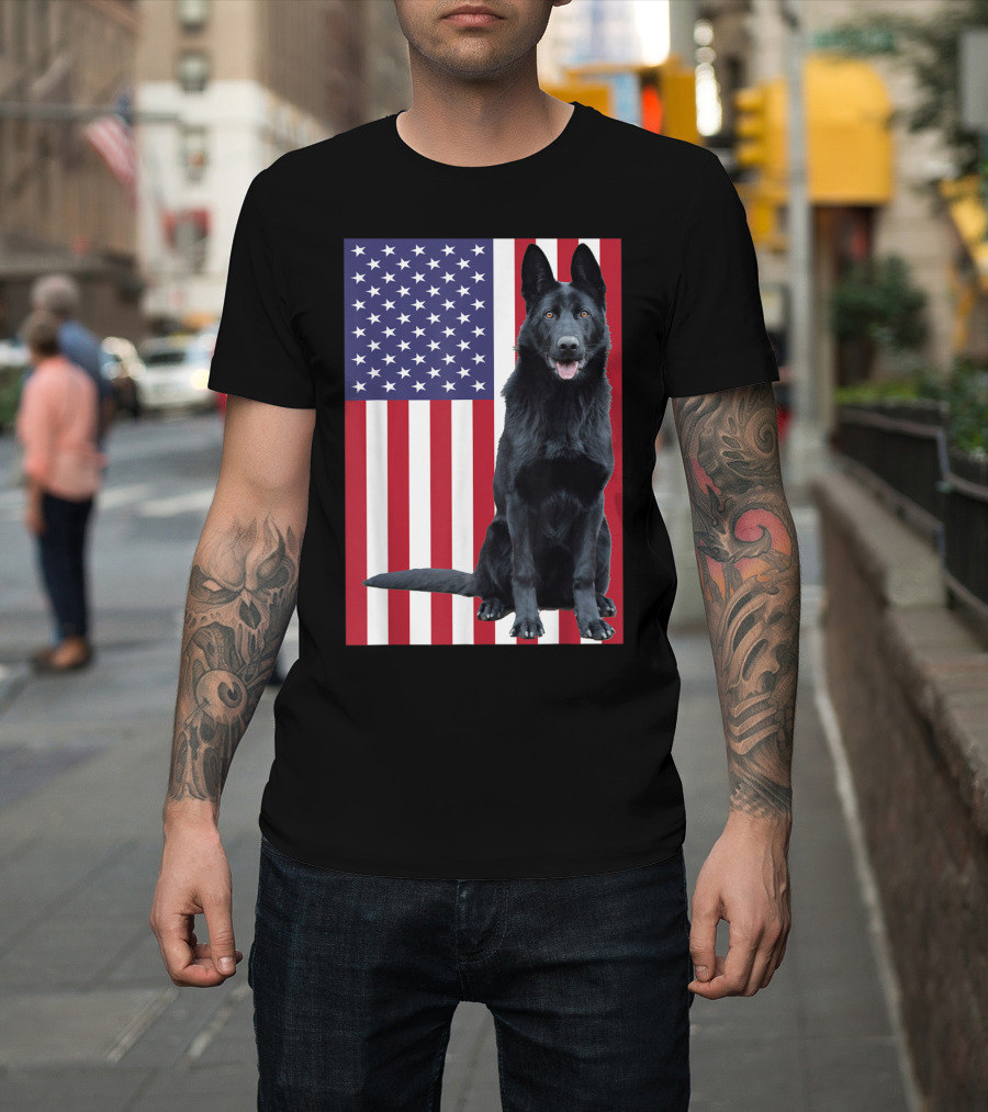 Black German Shepherd with American Flag Background T-Shirt