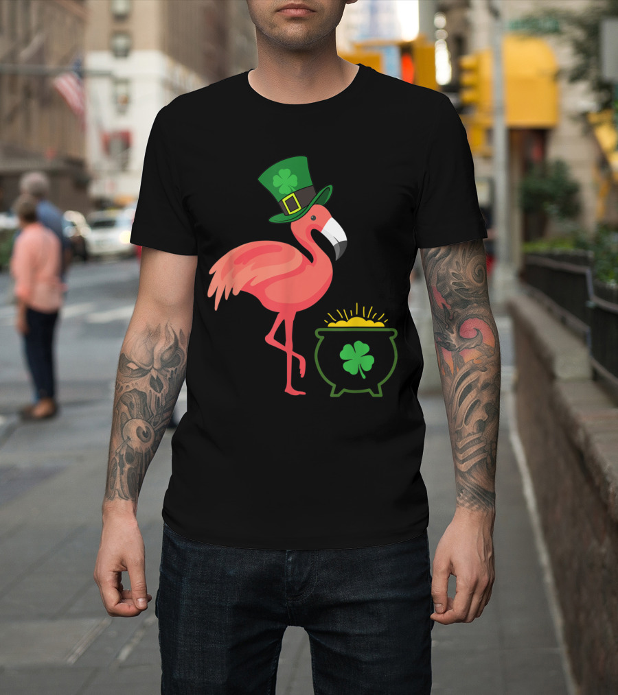 Leprechaun Flamingo with Shamrock Hat and Pot of Gold for St. Patrick's Day T-Shirt