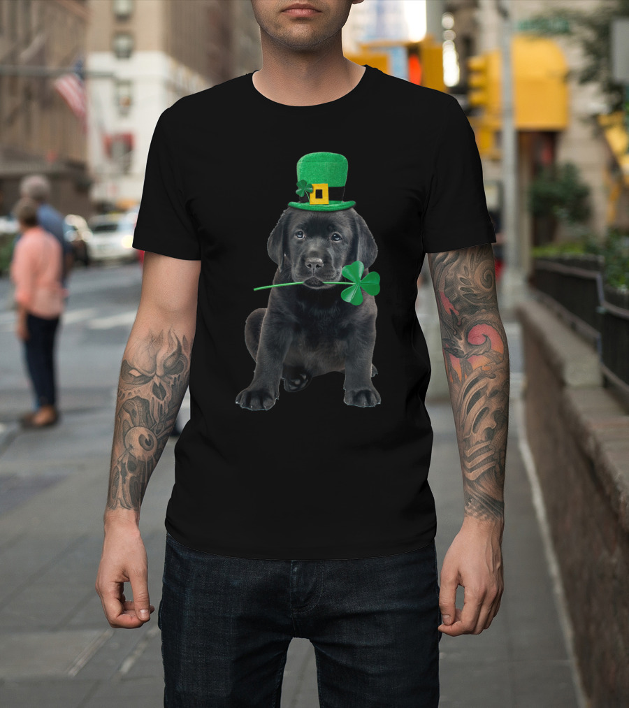 Black Lab Puppy with Shamrock and Leprechaun Hat T-Shirt