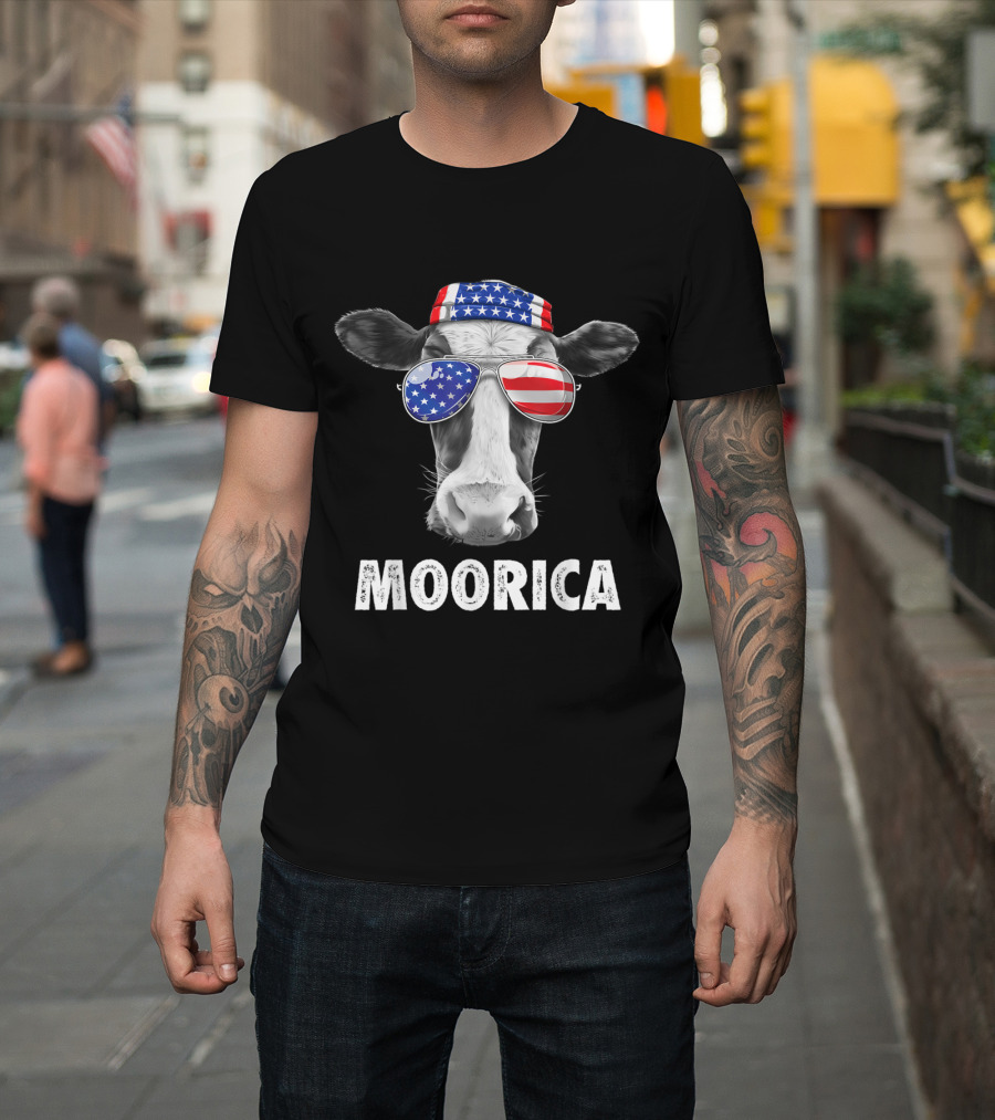 Cow with American Flag Sunglasses and Hat Moorica 4th of July T-Shirt