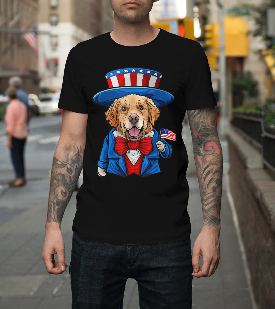 Golden Retriever in Uncle Sam Costume with American Flag for 4th of July Fun T-Shirt