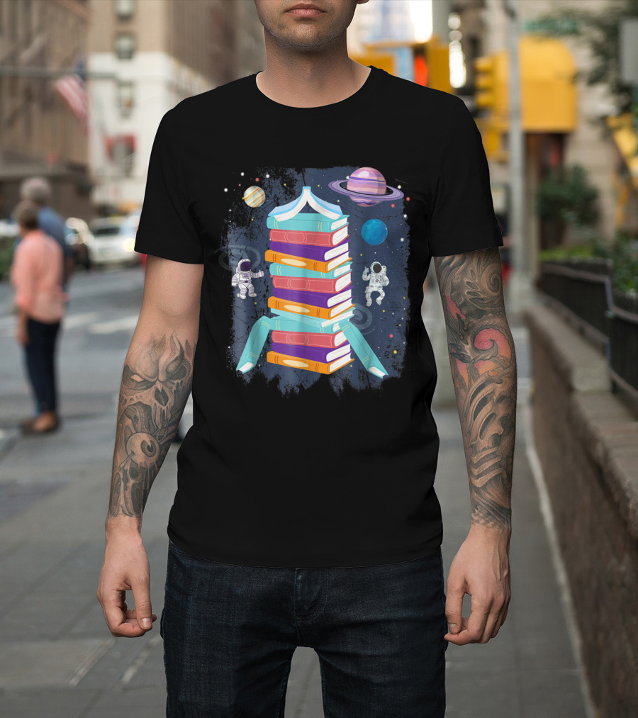Astronauts Exploring Rocketship of Books in Cosmic Science Adventure T-Shirt