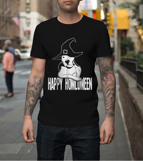 Shirt: Happy Howloween Pitbull with Witch Hat Halloween T-Shirt Happy Howloween Pitbull with Witch Hat Halloween T-Shirt