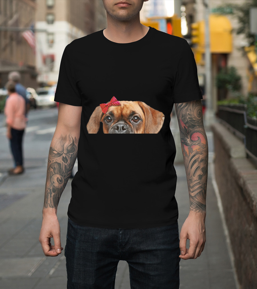 Boxer Dog Peeking with Red Polka Dot Bow T-Shirt