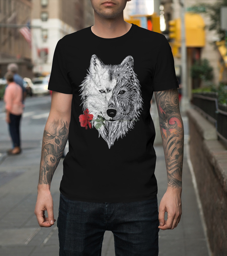 Wolf Mandala Canis Lupus Rose Duality T-Shirt