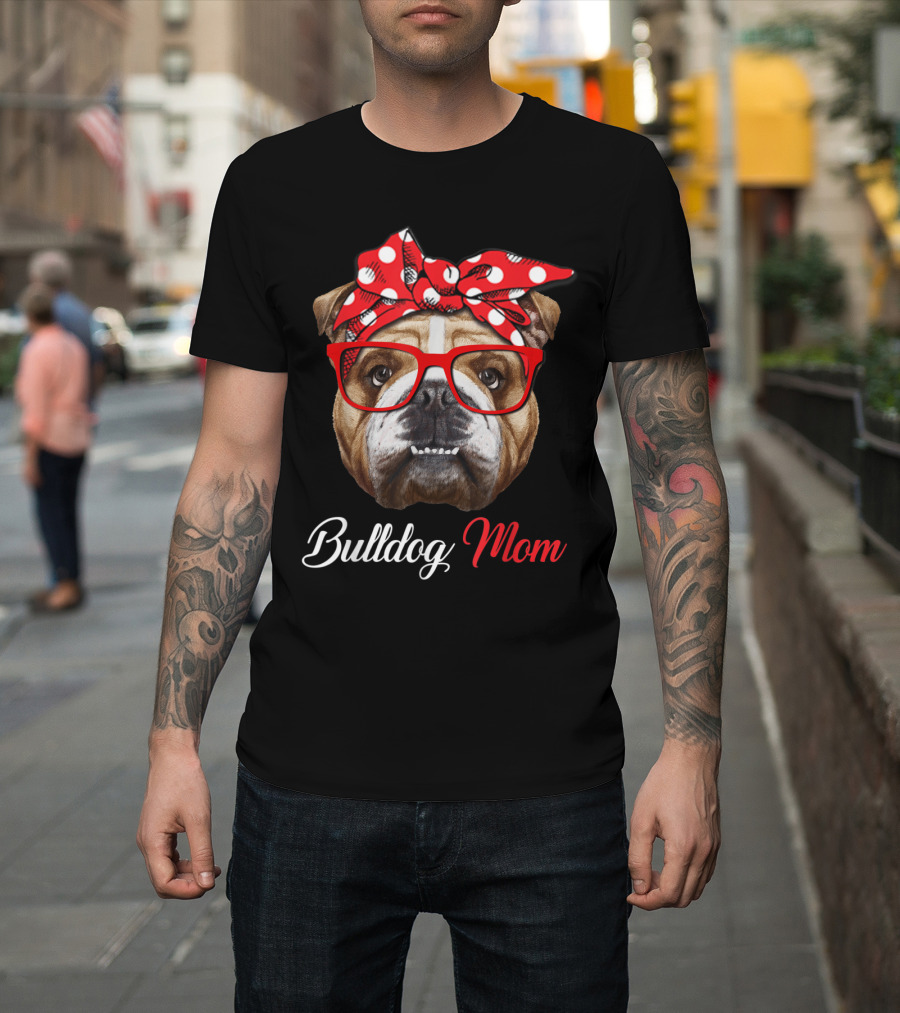 Bulldog Mom Red Polka Dot Headband Glasses T-Shirt
