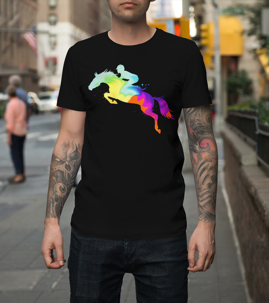 Tye Dyed Water Splashed Horse and Rider Rainbow T-Shirt