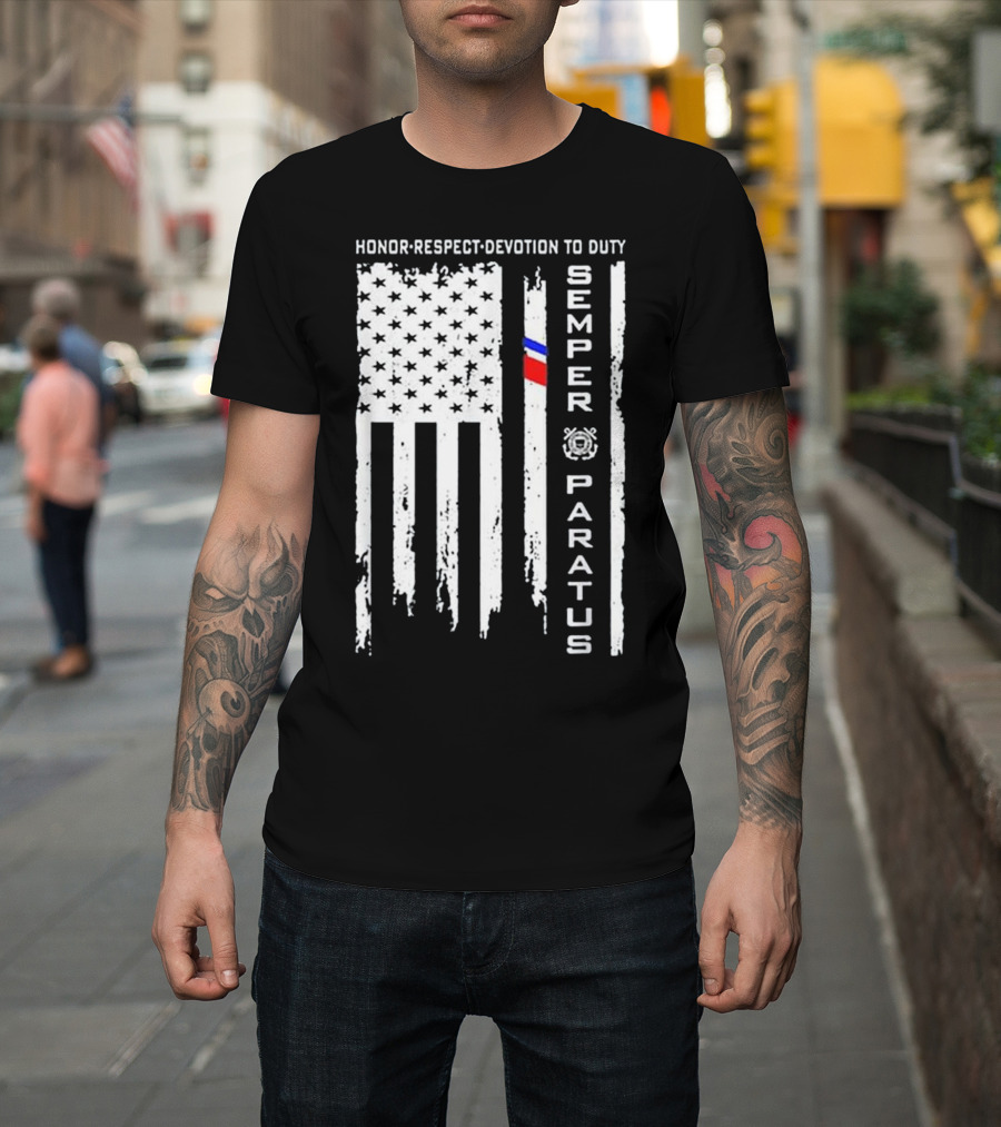 Honor Respect Devotion to Duty US Coast Guard American Flag Semper Paratus T-Shirt