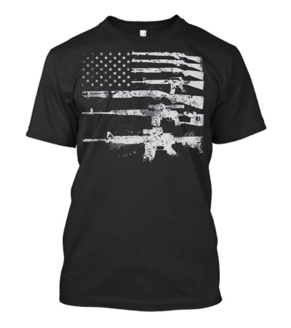 USA Flag With Rifles And Stars Stripes Military Guns Weapons T-Shirt
