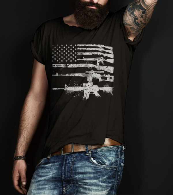 USA Flag With Rifles And Stars Stripes Military Guns Weapons T-Shirt
