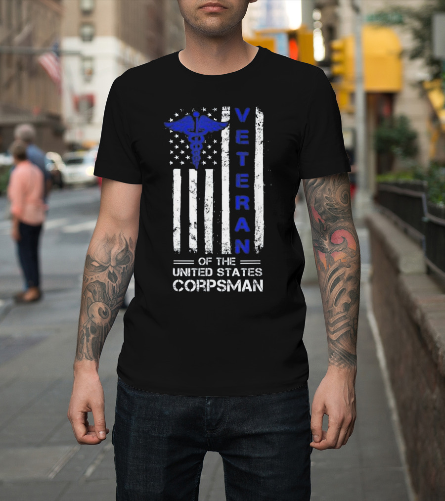 VETERAN Of The United States CORPSMAN with Caduceus and Flag Stripes T-Shirt