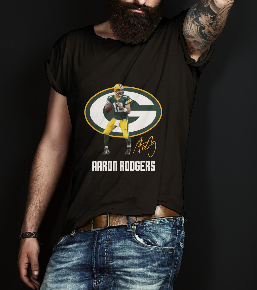 Green Bay Packers Aaron Rodgers Signature Football T-Shirt