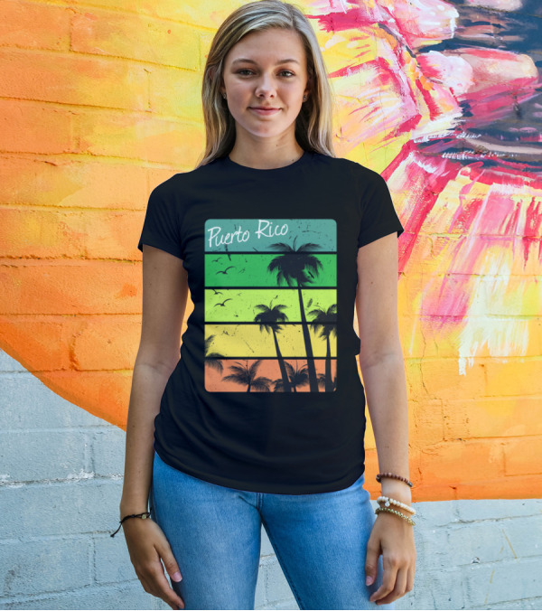 Puerto Rico Sunset Palms And Birds Retro Vibe T-Shirt