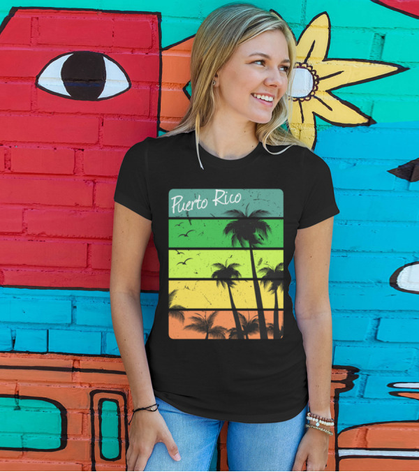 Puerto Rico Sunset Palms And Birds Retro Vibe T-Shirt