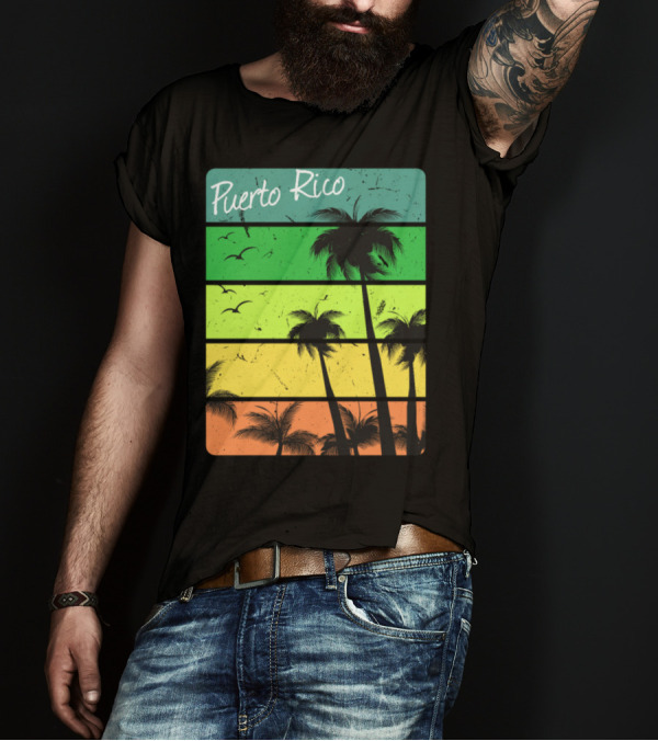 Puerto Rico Sunset Palms And Birds Retro Vibe T-Shirt