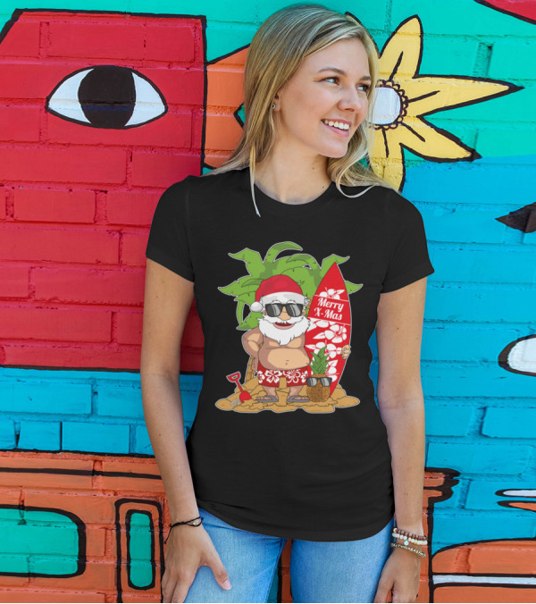 Santa Hawaiian Surfing Merry X-Mas Christmas In July Palm Tree Pineapple T-Shirt