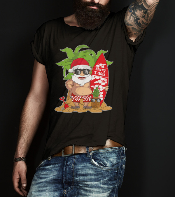 Santa Hawaiian Surfing Merry X-Mas Christmas In July Palm Tree Pineapple T-Shirt
