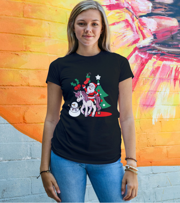 Santa Riding Unicorn With Snowman Christmas Tree And Stocking T-Shirt