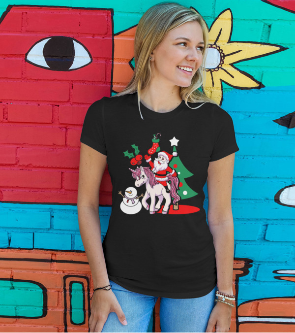 Santa Riding Unicorn With Snowman Christmas Tree And Stocking T-Shirt