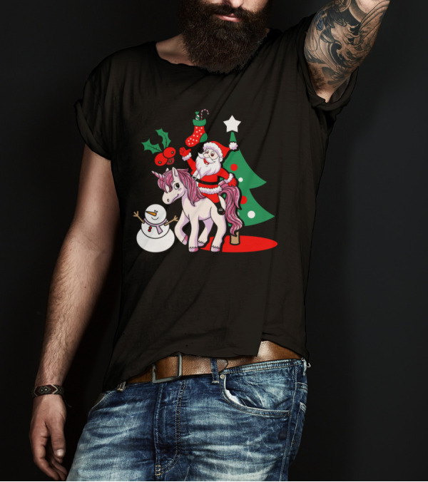 Santa Riding Unicorn With Snowman Christmas Tree And Stocking T-Shirt