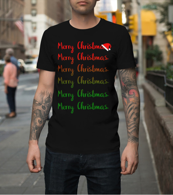 Shirt: Merry Christmas Repeated Text with Santa Hat T-Shirt Merry Christmas Repeated Text with Santa Hat T-Shirt