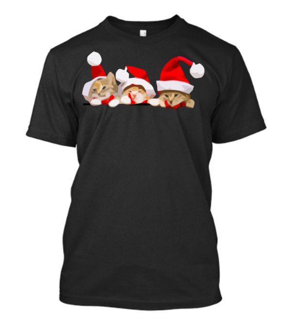3 Santa Hat Christmas Cats Peeking In The Pocket T-Shirt