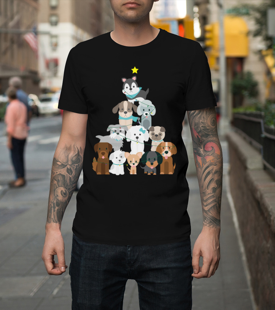 Christmas Tree of Cute Dogs with Star and Lights T-Shirt