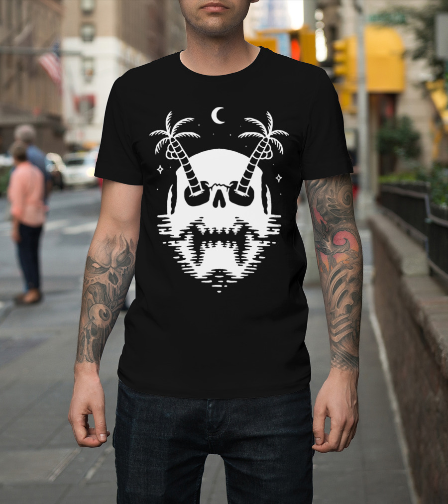 Death Island Skull with Palm Trees and Moon Scene T-Shirt