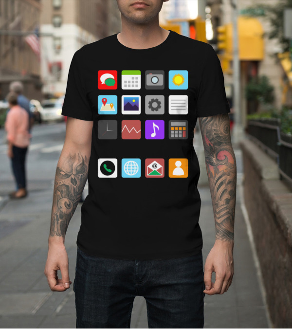 Shirt: Smartphone Party Costume Lazy Phone Icons Calendar Camera Sun Map Music Email T-Shirt Smartphone Party Costume Lazy Phone Icons Calendar Camera Sun Map Music Email T-Shirt