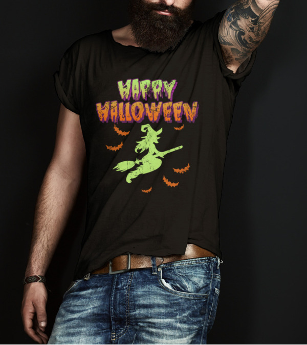 Happy Halloween Witch Broomstick Flying With Bats T-Shirt