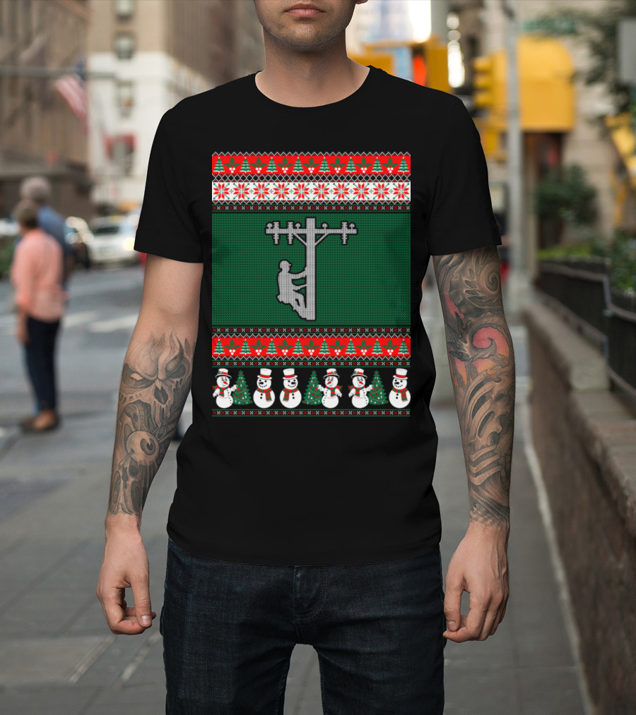 Lineman Ugly Christmas Sweater with Snowmen and Holiday T-Shirt