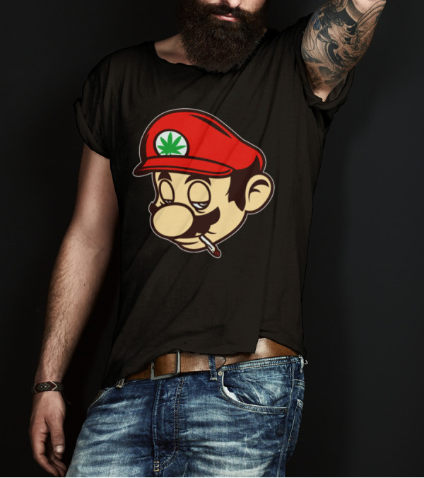 Mario Smoking Marijuana Weed Leaf Hat T-Shirt