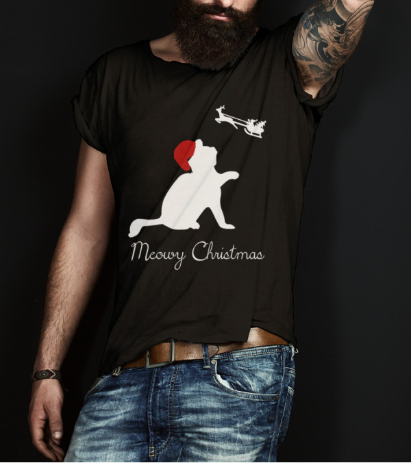 Meowy Christmas Cat Santa Hat And Sleigh T-Shirt
