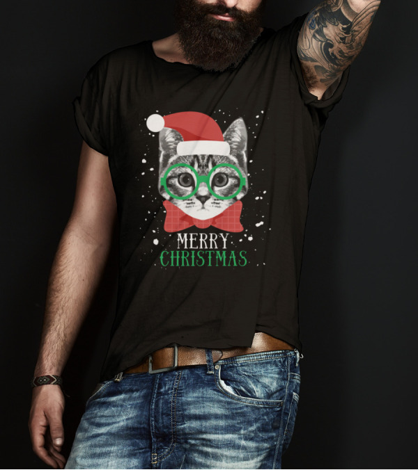 Merry Christmas Cat In Santa Hat With Glasses And Bow Tie T-Shirt