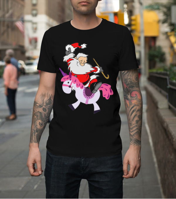 Shirt: Santa Claus Riding a Pink Unicorn with Candy Cane Magic T-Shirt Santa Claus Riding a Pink Unicorn with Candy Cane Magic T-Shirt