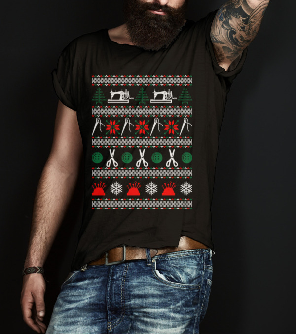 Sewing Ugly Christmas Sweater With Scissors And Sewing Machine T-Shirt